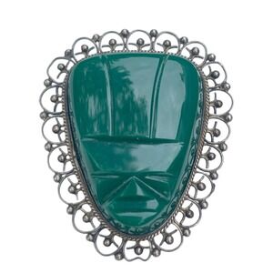 Vintage Mexican Carved Green Onyx Mask Brooch - Sterling Silver 25 grams